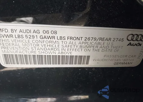 2008 Audi A6 3.2 from USA, damaged, VIN WAUDH74F58N160145